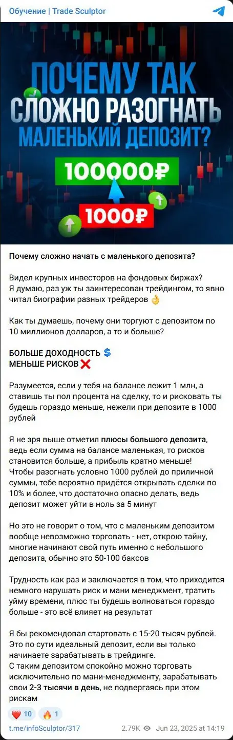 Обучающий пост с обещанием ежедневного заработка без риска
