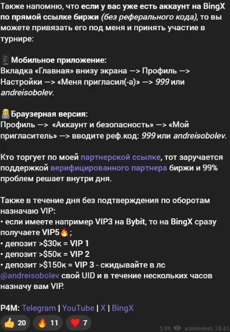 Предложение партнёрской привязки и VIP-условия с порогами депозита
