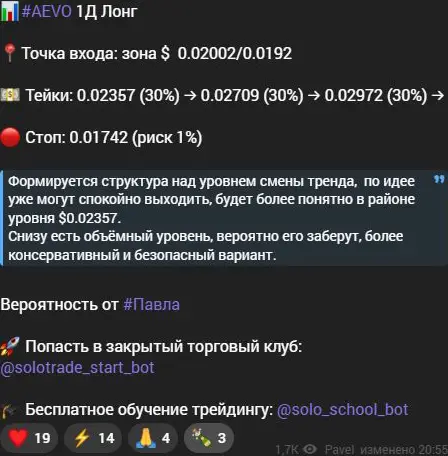 Сигнал SoloTrade по AEVO со стопом и частичными фиксациями